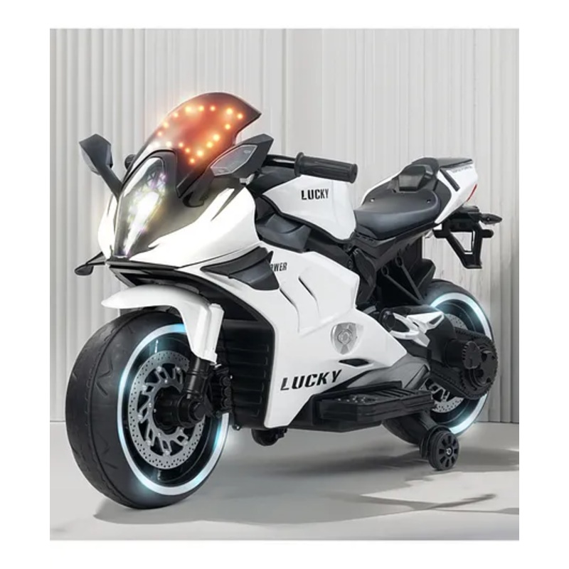 Baybee Zippio Baby Battery Operated Bike for Kids with Hand Accelerator & Music | Rechargeable Ride on Toy Bike with Training Wheels & LED Light | Electric Bike for Kids (White)