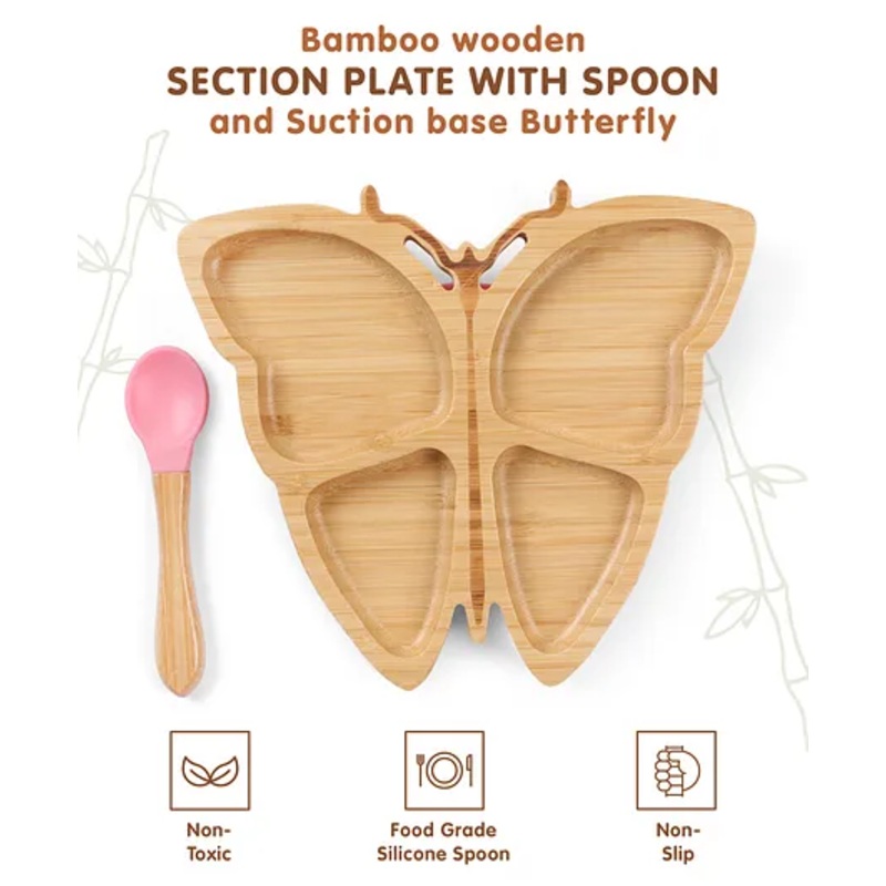 Butterfly Shaped Bamboo Wooden 4 Compartment Section Plate with Spoon – Pink