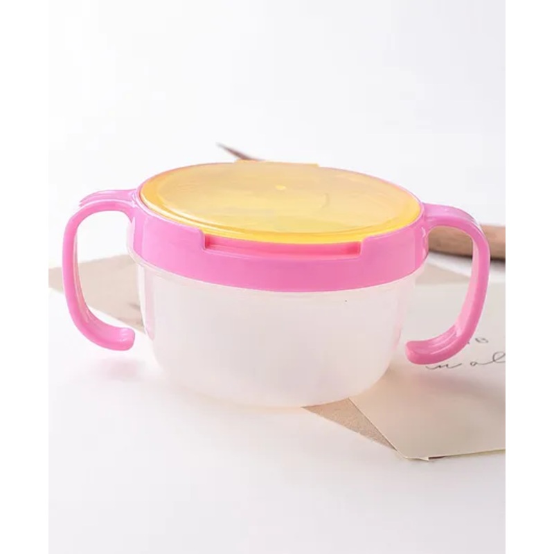 Container With Lid And Dual Handle – Pink| Break Resistant| BPA Free| Ideal for School and Travel| Snack Bowl| Convinient Flip Lid| Food Grade