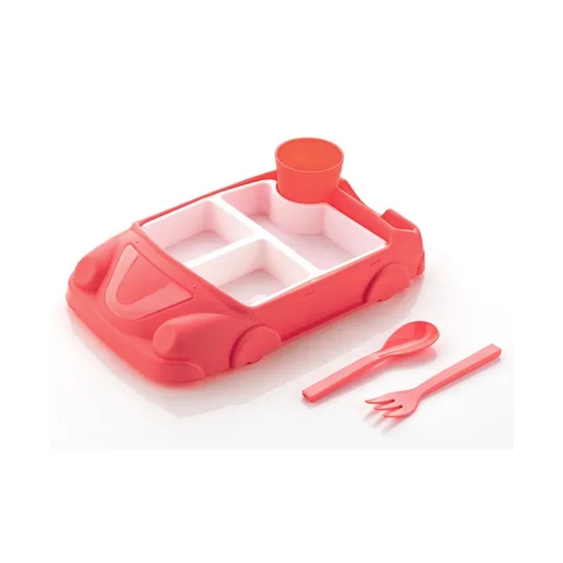 Enorme Car Shape Snacks Tray Plate with 3 Compartments, 2 Spoons and 1 Glass, BPA Free Made with High Quality Plastic for Kids – Red
