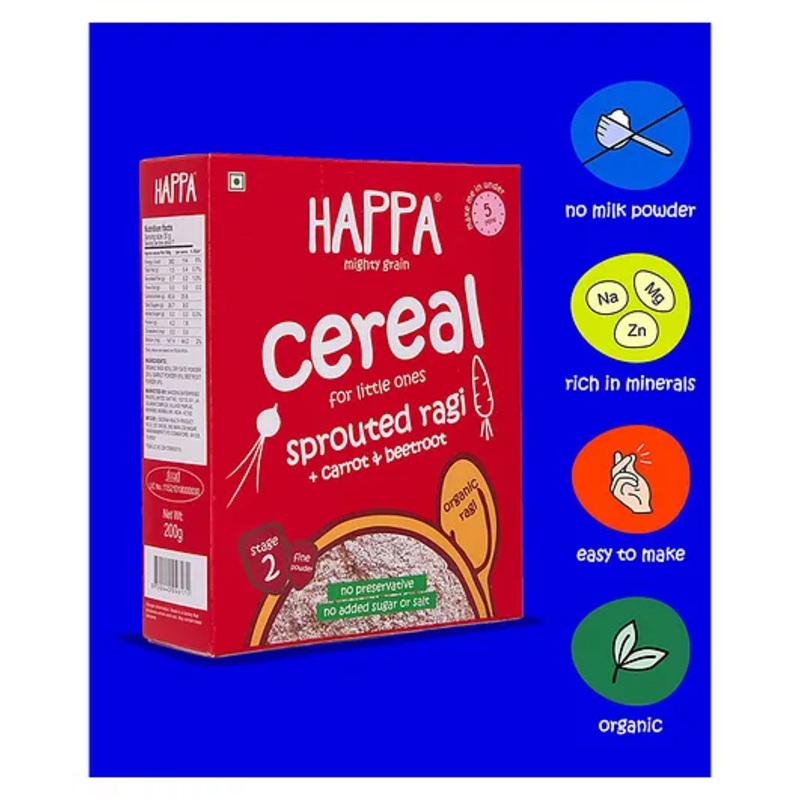 Happa Organic Sprouted Ragi Carrot & Beetroot Cereal for Babies | Only 3 Ingredients | No Sugar, No Additives | Cooks in 3 Minutes | 6 M+ | 200g