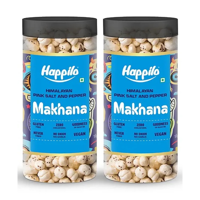Happilo Makhana Himalayan Pink Salt  Pepper Jar Roasted Foxnut Healthy Snack Low Calorie Gluten Free and Vegan-  80g (Pack of 2)