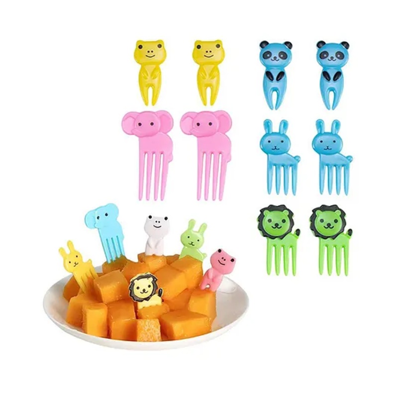 Ji & Ja 10 Pcs Animal Cartoon Set of Fruit Fork for Kids, Reusable Giraffe & Elephant Food Fruit Picks for Kids, Cute Bento Box Decor, Plastic Fruit Forks for Dessert, Snack random design n colour