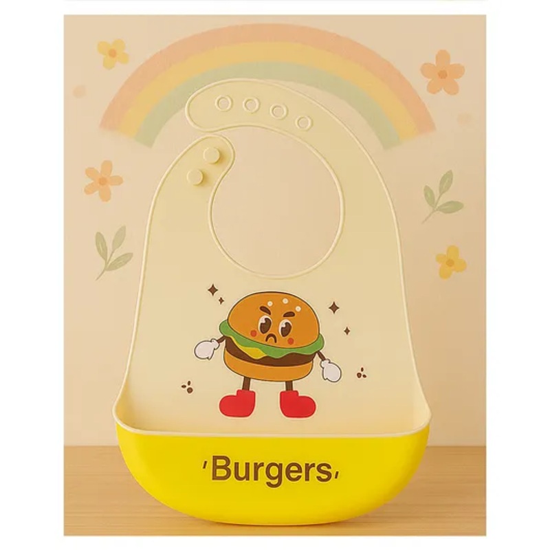 KIDS BASIC Soft Silicone Baby Bib with Food Pocket , Waterproof & Adjustable , Burger Cartoon Print – Yellow (Pack of 1)
