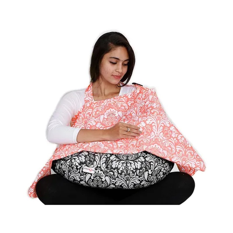 Lulamom Printed Cotton Nursing Cover & Feeding Pillow Combo – Peach Black