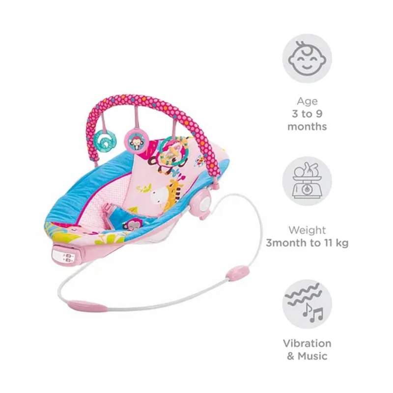 Mastela Musical Bouncer with Toy Bar Monkey & Giraffe Print – Pink Blue