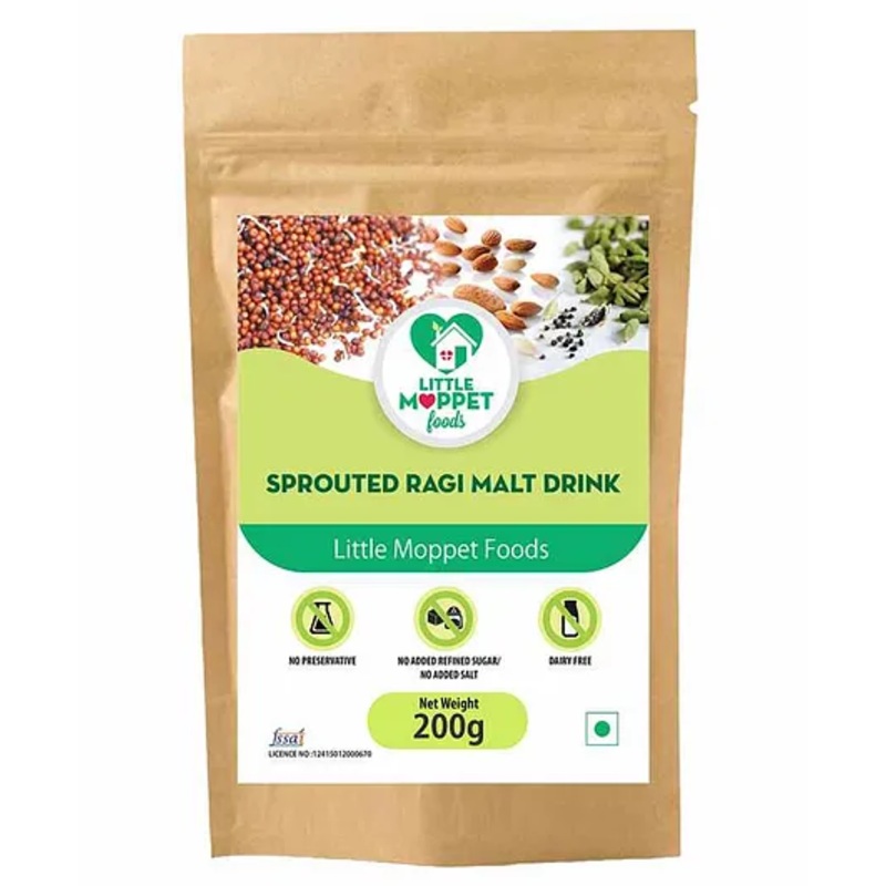 Organic Sprouted Ragi Malt Drink for Babies 12-18 Months, Natural Calcium & Iron Rich Energy – Little Moppet Foods – 200g