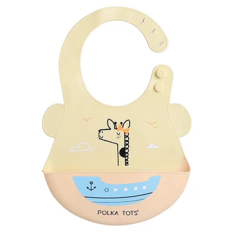 Polka Tots Waterproof Silicone Feeding Bibs with Adjustable Snap Buttons Boat Print – Beige
