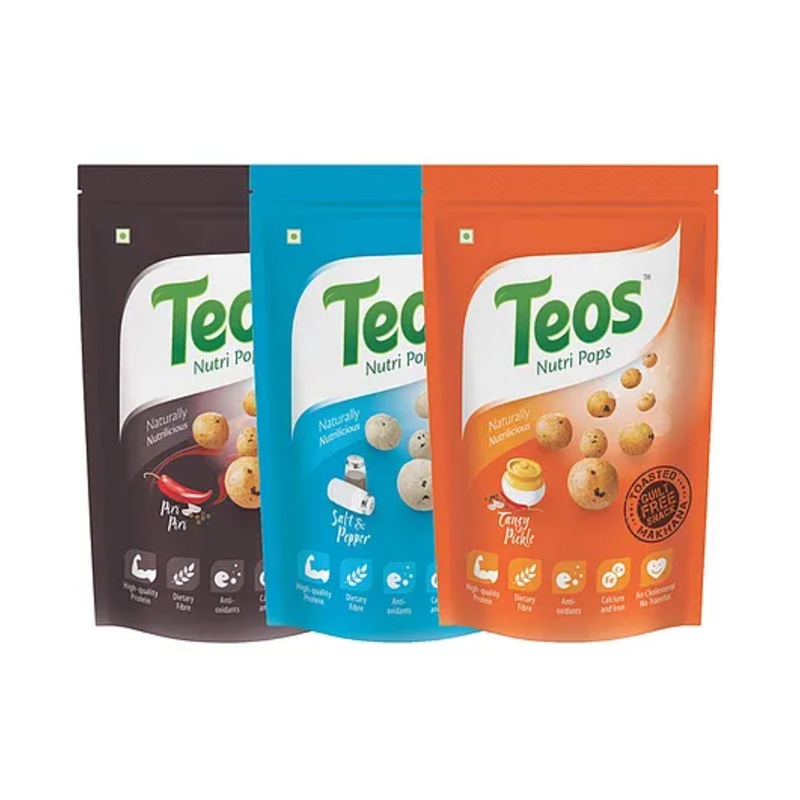 Teos Nutri Pops Makhana Variety Pack: Piri Piri –  Salt & Pepper –  Tangy Pickle – Healthy Snack for Kids 2-10 Years – 65g Each – Pack of 3
