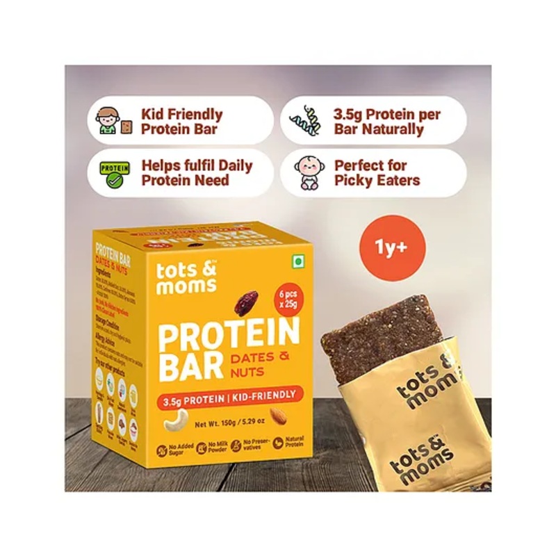 Tots & Moms Kids-Friendly Protein Bar  Dates & Nuts (25g x 6) | 3.5g Protein per Bar | High Fibre & Gut-friendly | No Refined Sugar or Preservatives