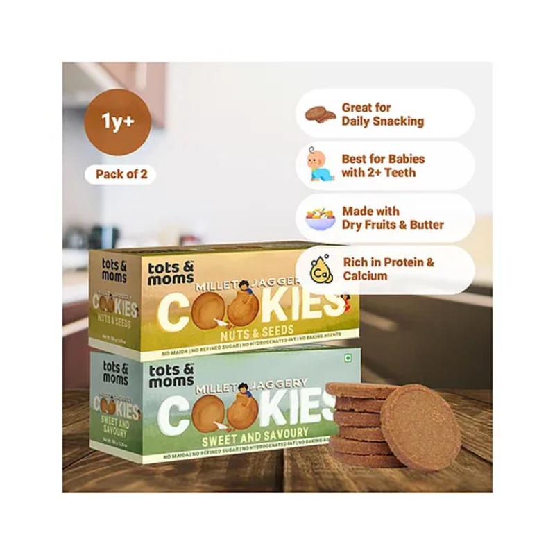 Tots & Moms Millet & Jaggery Cookies Nuts & Seeds Sweet & Savory – 150 g Each
