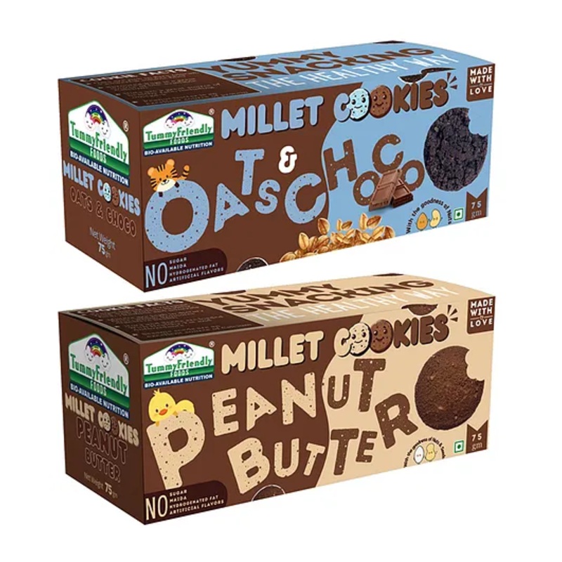 Tummy Friendly Foods Millet Cookies – OatsChoco, Peanut Butter  – Pack of 2 – 75g each. Healthy Ragi Biscuits, snacks for Baby, Kids & Adults
