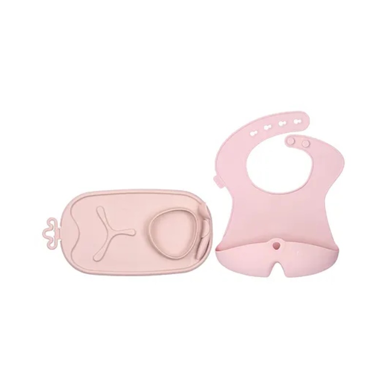 b.box Silicone Bib + Feeding Mat Combo – Pink | Easy-Clean Bib with Food Catcher & Roll-Up Mat with Divided Sections | BPA-Free | 4m+