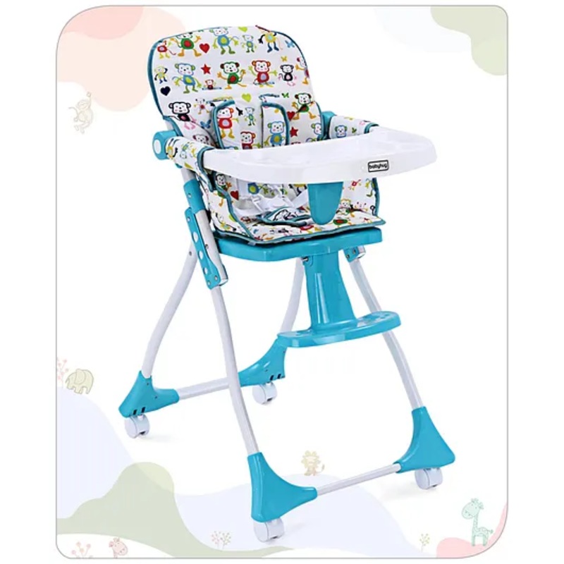 Babyhug Bloom High Chair with Foot Rest – Blue| Compact Fold| Safety Harness| Removable Cushion| Adjustable Feeding Tray| Wheels with Lock