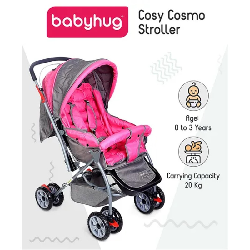 Babyhug Cosy Cosmo Stroller With Reversible Handle & Back Pocket – Blush Pink