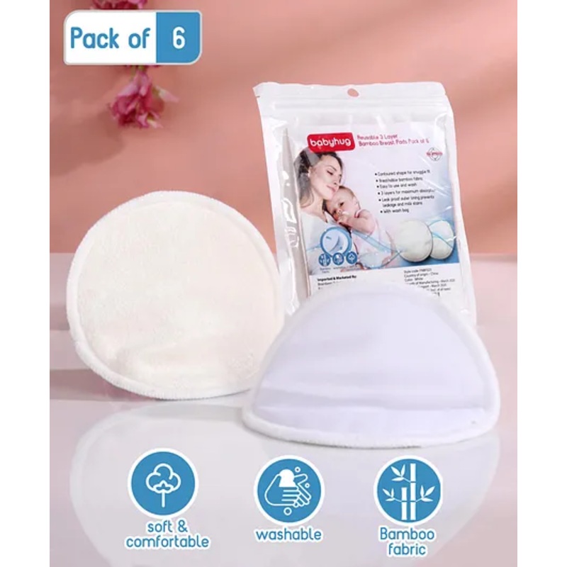 Babyhug Reusable 3 Layer Bamboo Breast Pads – Pack of 6