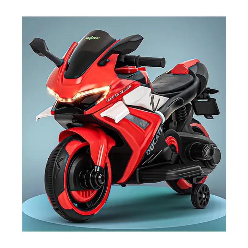 BAYBEE Baby Battery Operated Bike for Kids with Foot Accelerator & Music | Rechargeable Ride on Toy Bike with Training Wheels & LED Light | Baby Electric Bike for Kids (Red)