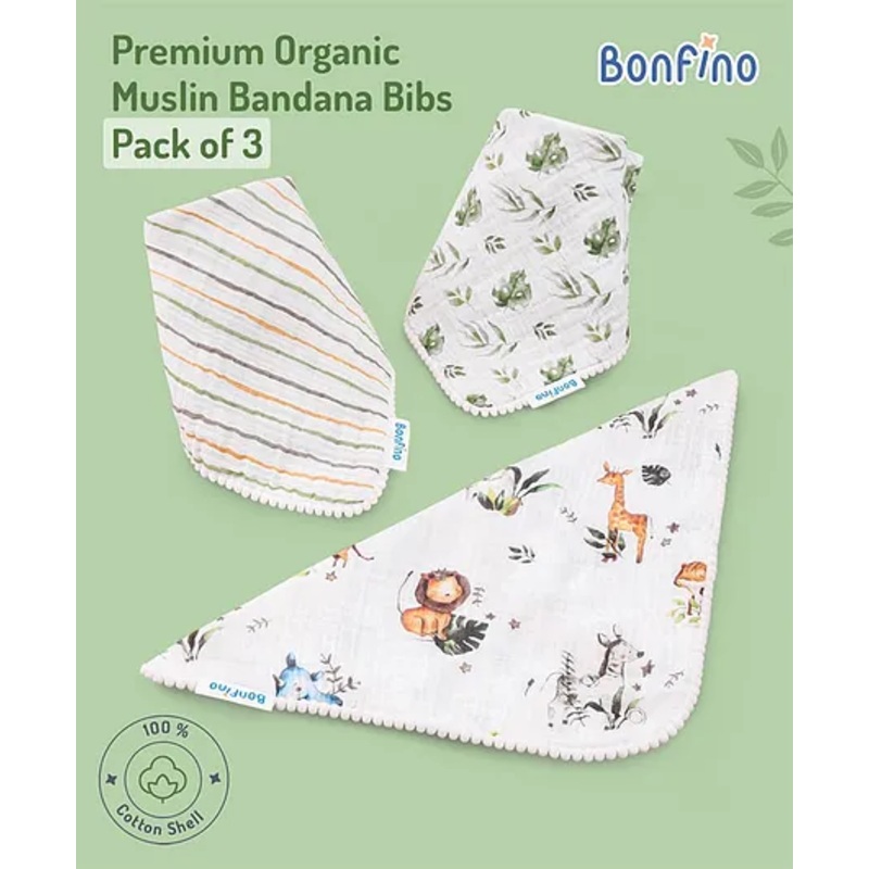 Bonfino Premium Organic Muslin Bandana Bibs African Safari Print – Green & White