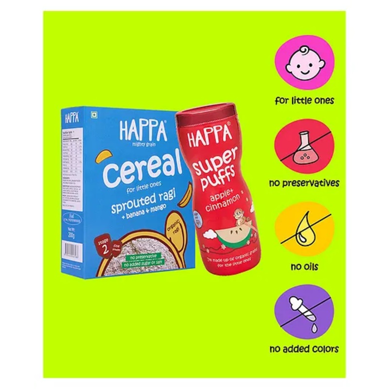 Happa Organic Multigrain Apple Cinnamon Puffs & Sprouted Mango Banana Ragi Porridge Mix for Babies – 40g, 200g