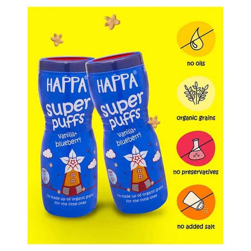 Happa Organic Multigrain Vanilla & Blueberry Melts Super Puffs | Pack of 2 | Healthy Finger Food For Babies | 8M+ | 40 gm Each