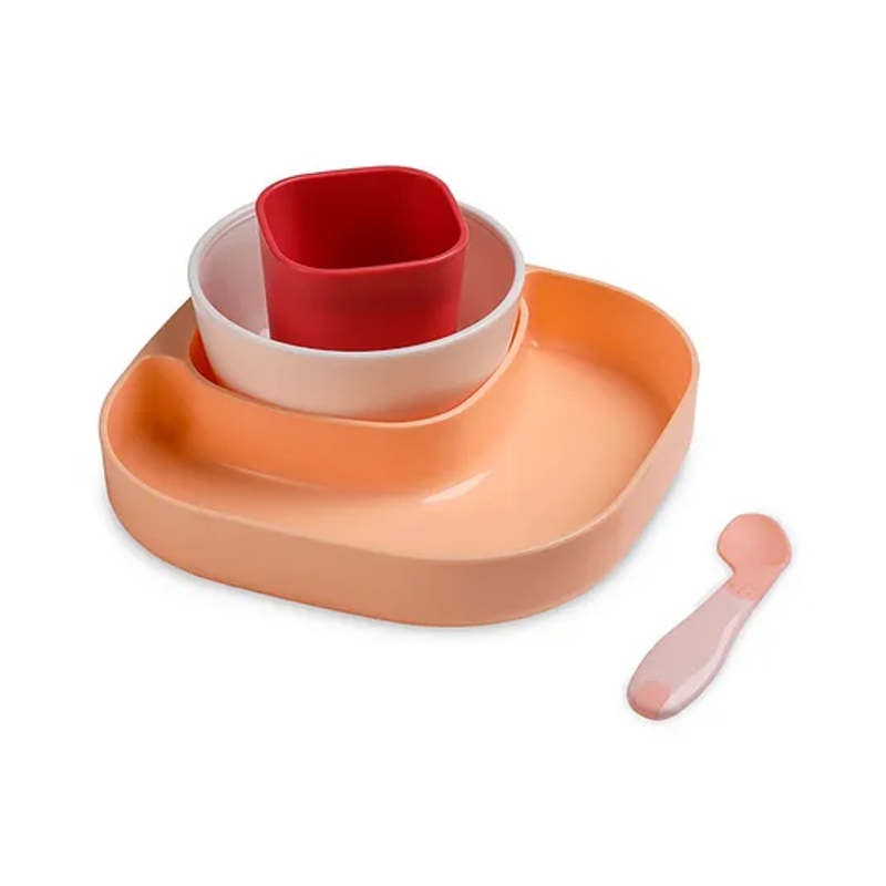 LuvLap 4-Piece Baby Tableware Set, Plate, Bowl, Tumbler & Spoon, Non-Toxic, BPA-Free, Attractive Colours for Kids, Peach & Red, Glass, Floral Design