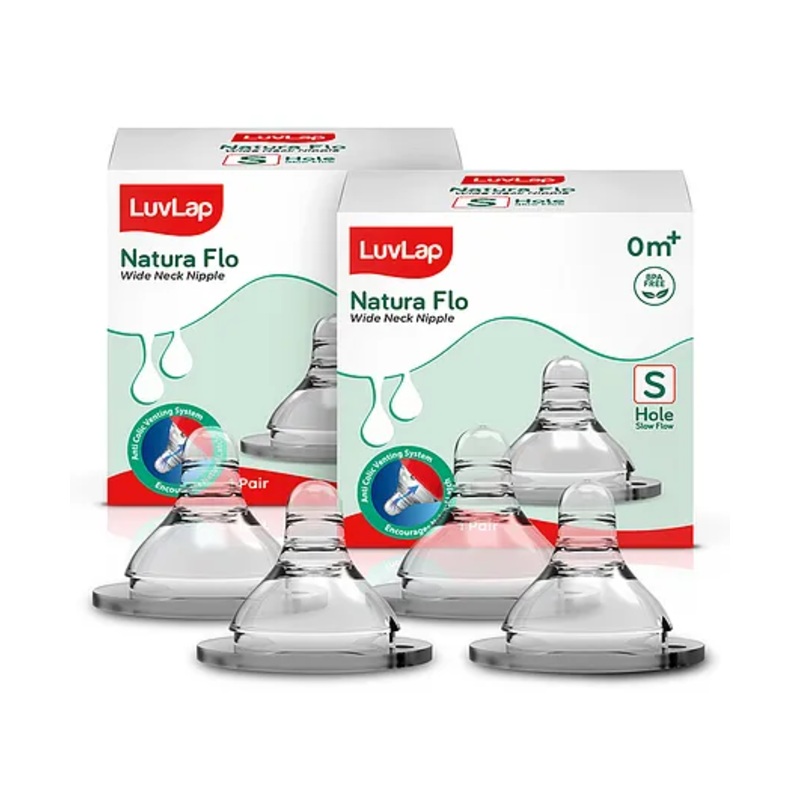 LuvLap Anti-Colic Natura Flo Teat for Wide Neck Bottle, 4pcs, Slow Flow, 0M+, BPA Free, Clear