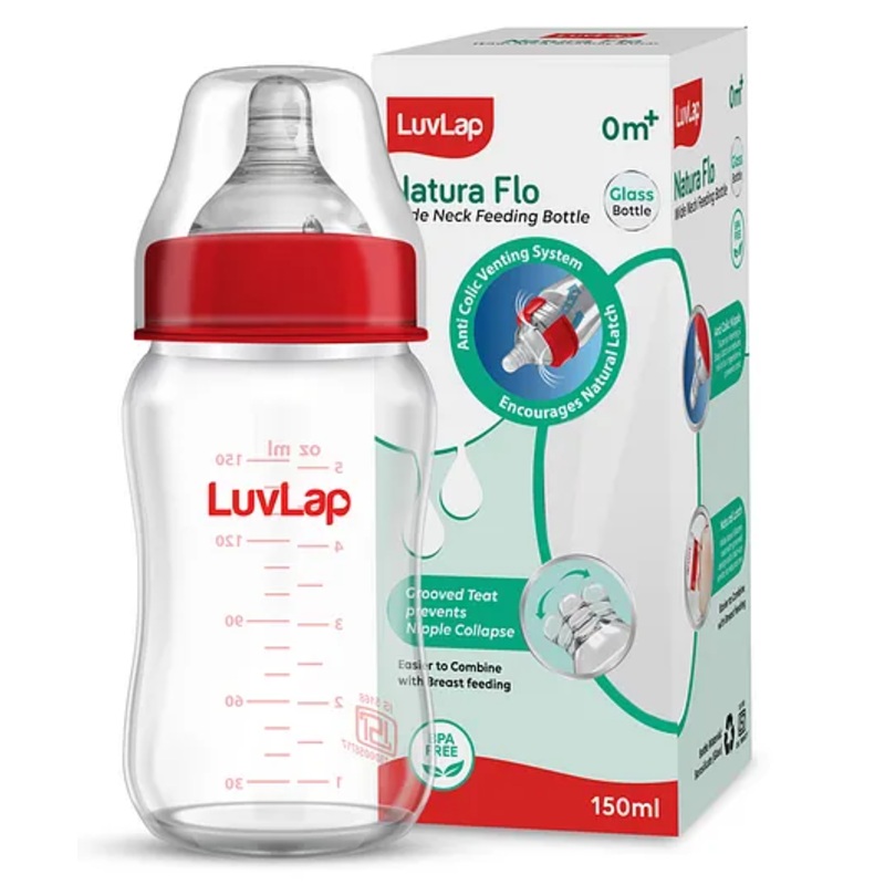 LuvLap Natura Flo Glass Feeding Bottle, 150ml, BPA Free, Anti-Colic Nipple, Transparent