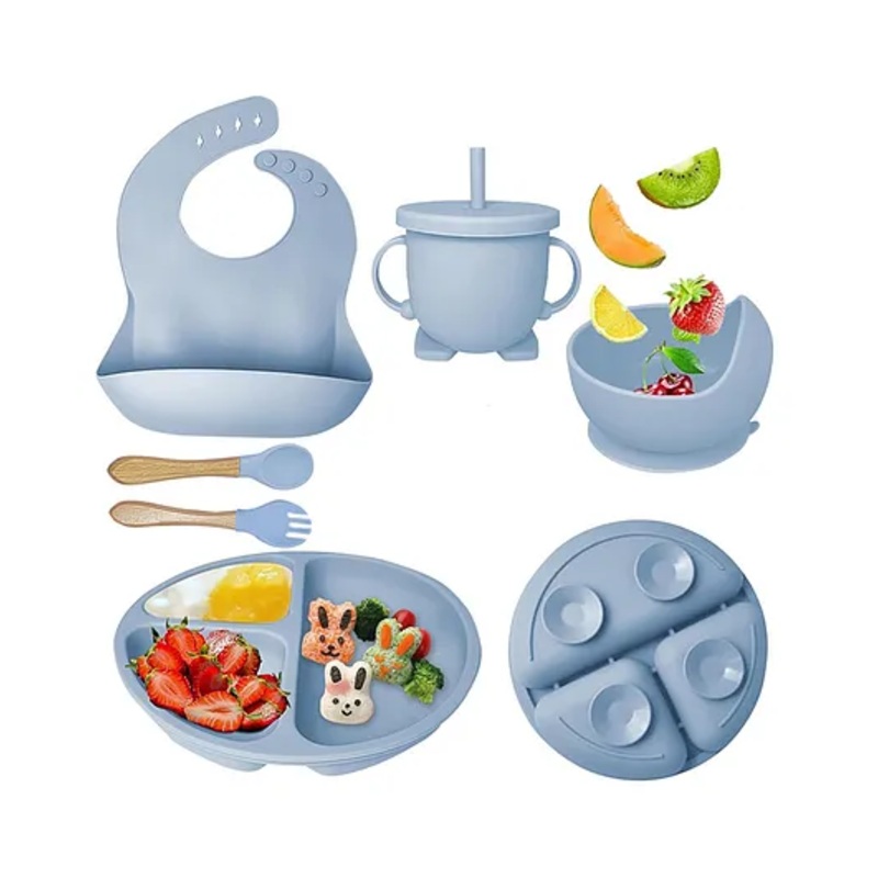 Luvlittle 6 Pcs Silicone Baby Feeding Set, BPA Free & Microwave Safe Dinner Tableware Kit – Feeding Bowl, Suction Plate, Cup, Spoon, Fork & Bib for Kids, Toddler Blue-Colour and Design May Vary