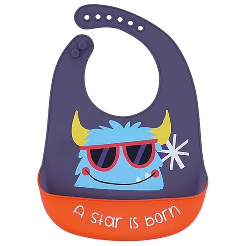 MOMISY Baby Bib For Newborn Waterproof Silicone Apron Wipeable Stain Resistant With pocket For 6 months and up (1, GreyPurpleStar)