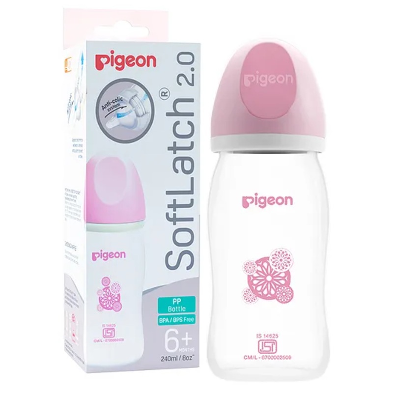Pigeon Soft Latch 2.0 Anti Colic System Nursing Bottle With White Cap & Pink Hood – 240 ml