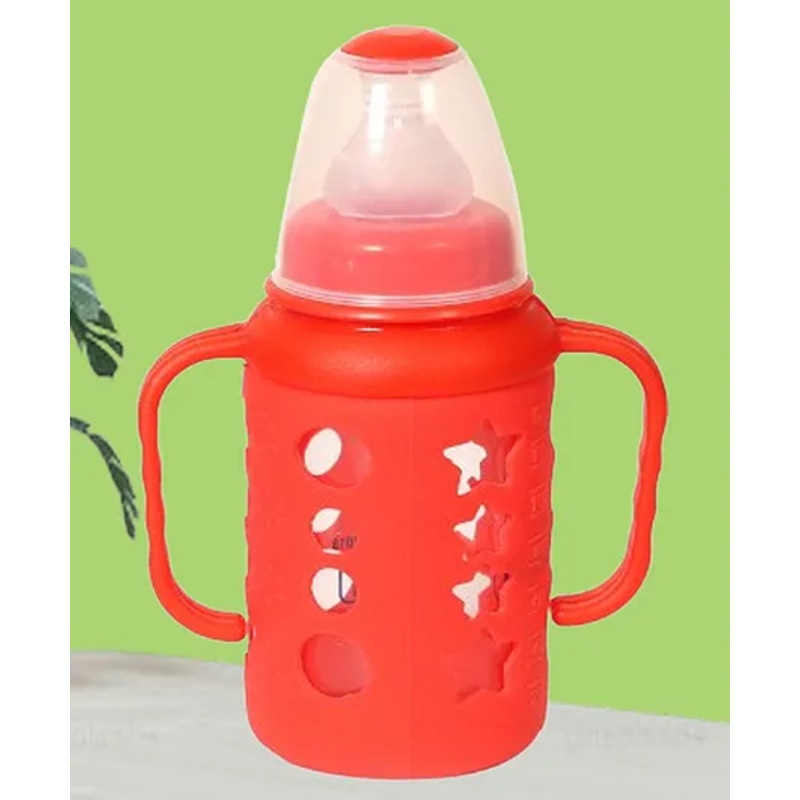 The Cheeky Kidzz Baby Borosilicate Glass Feeding Twin Handles Anti Colic Feeder Bottle BPA Free – 120 ml  (RED SLEEVE)