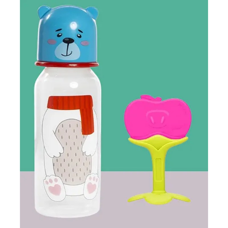 The Cheeky Kidzz Baby Fruit Shape Soft Silicone Teether For Infants Dental Care With 250ml Feeding Bottle(APPLE)