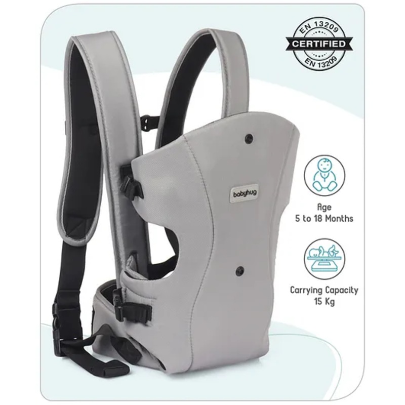Babyhug  Elegant 3-in-1 Baby Carrier: Lightweight, Breathable fabric, Ergonomic design, Padded straps, Waist belt, 3 carry positions (inward, outward, back), Adjustable seat, Washable cover, Supports up to 15 kg- Grey