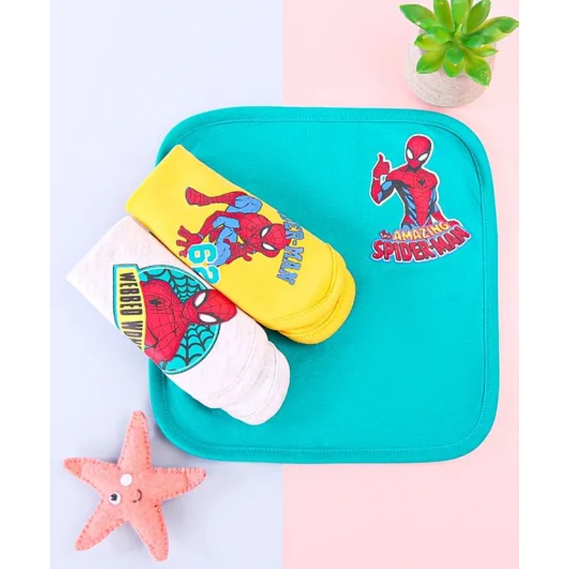 Babyhug Marvel Interlock Knit Wash cloth With Spider Man Graphics L 28 x B 28 cm Pack of 3 – White Yellow & Blue