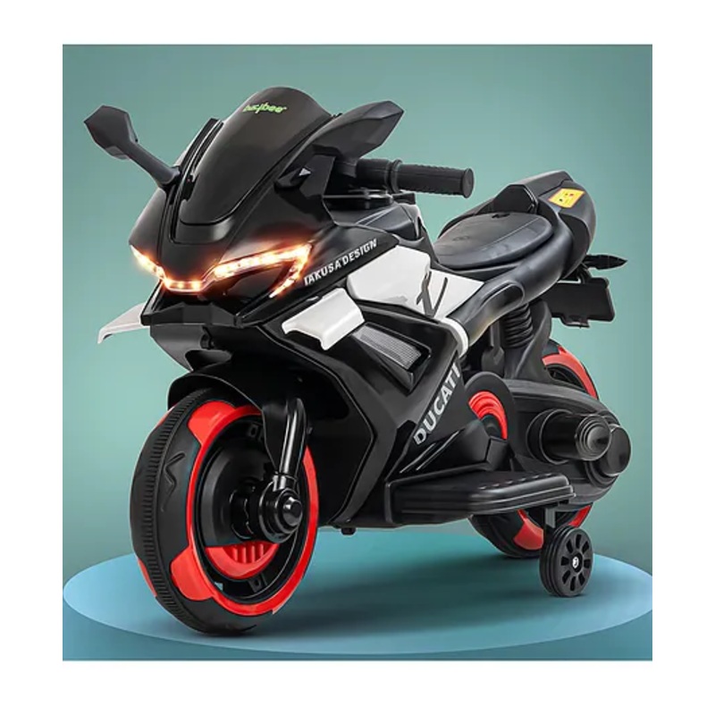 BAYBEE Baby Battery Operated Bike for Kids with Foot Accelerator & Music | Rechargeable Ride on Toy Bike with Training Wheels & LED Light | Baby Electric Bike for Kids (Black)