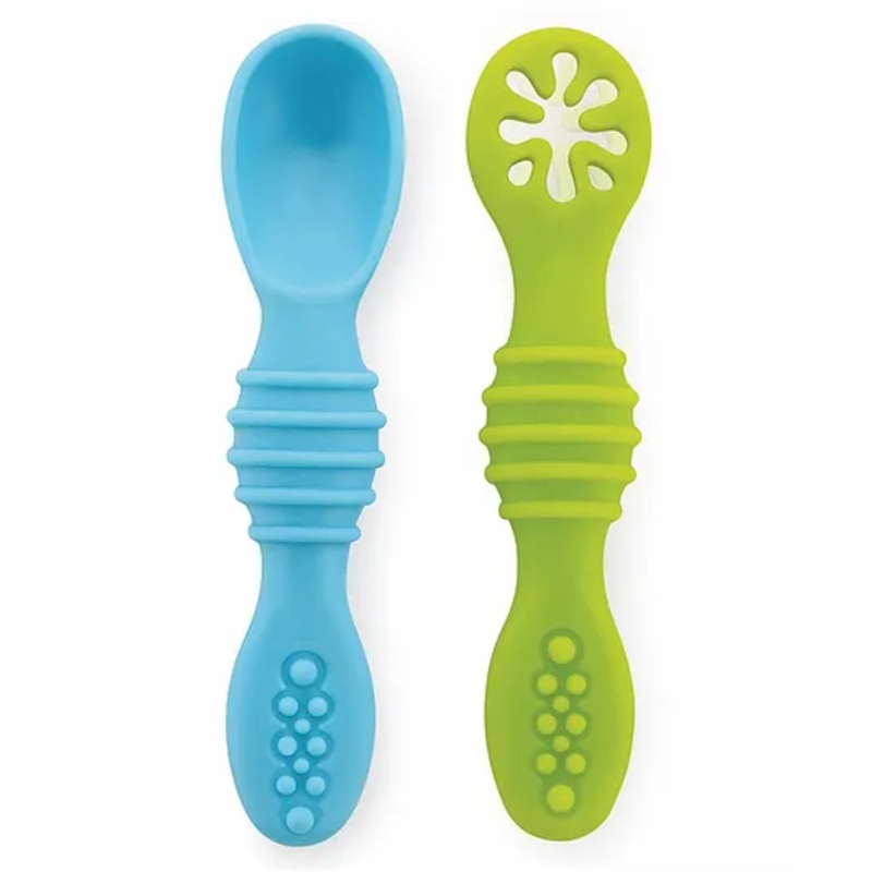 BeeBaby Sumshy First Stage Silicone Spoon for Feeding Baby, Dip Spoon for Baby Led Weaning Pack of 2 – Blue & Green
