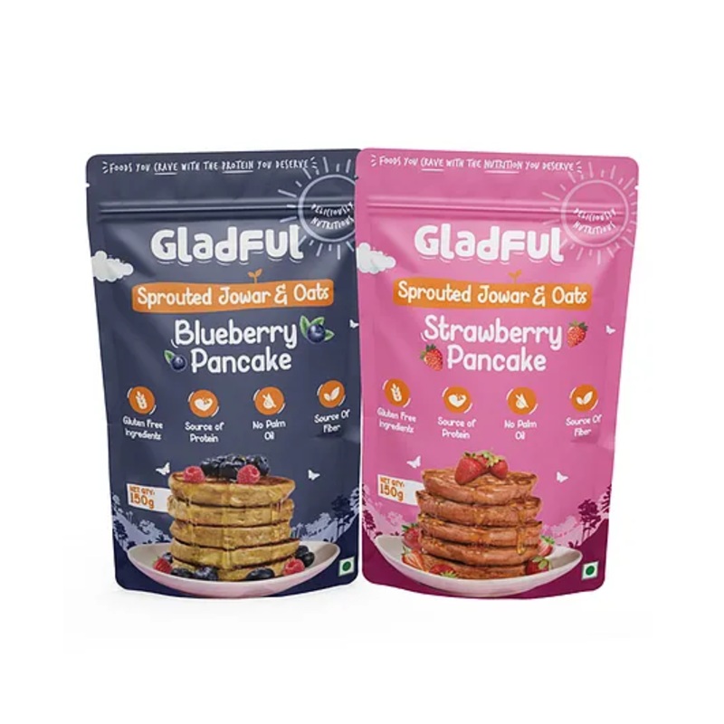 Gladful Strawberry and Blueberry Pancake Mix No Maida, No Refined Sugar, Made with Jowar and Oats, Gluten-Free Pack of 2 – 150 g Each