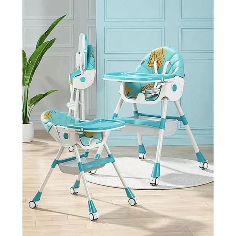 High Chair with Wheels and Printed Cushion – Blue| 5 Point Harness| Wheels with Lock| Compact Fold| Removable Double Food Tray| Reclining Backrest