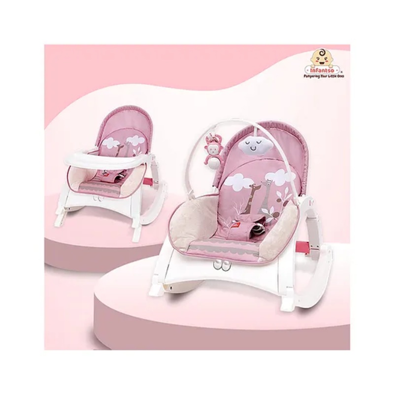 Infantso Baby Rocker Cum Baby Feeding Chair With Vibration & Soothing Music|Adjustable Backrest Recline Feature Rocker| Detachable Toy Bar & Food Tray – Pink