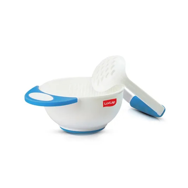 Luv Lap Baby Food Grinding Cum Feeding Bowl, Portable Baby Food Masher & Serving Bowl for Baby weaning Food Preparation (Pack of 1 Set,White & Blue)