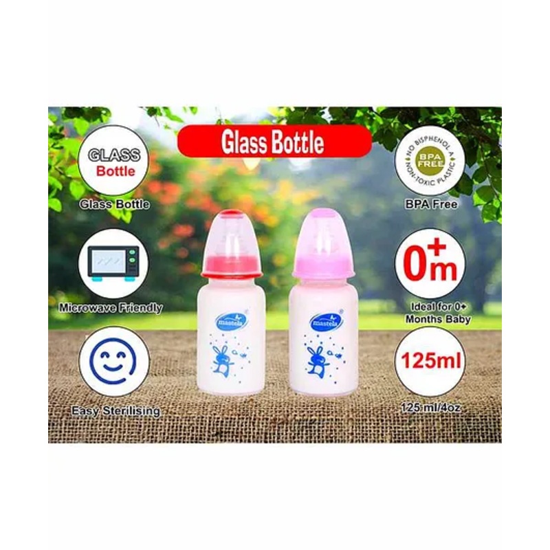 Mastela Borosilicate Glass Feeding Bottle Pack Of 2 Red Pink – 125 ml Each