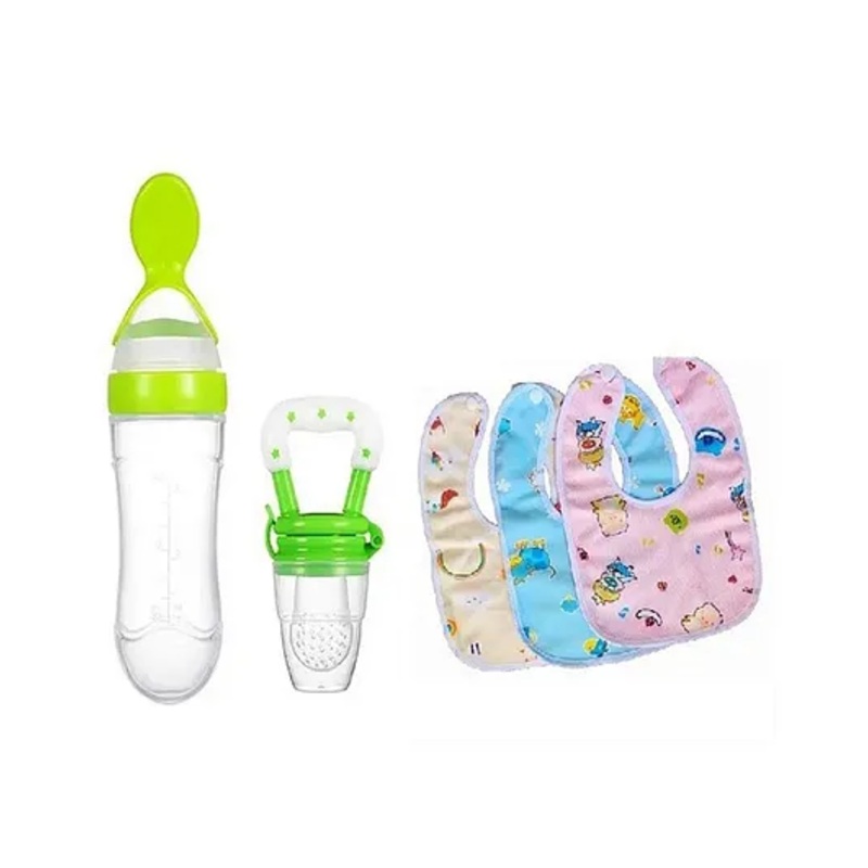 NeonateCare New Born Feeding Starter Kit with Spoon Feeder Fruit Feeder and 3 Cotton Bibs – ( Green spoon feeder, Green fruit feeder, 3 multicolor Bibs) – Green