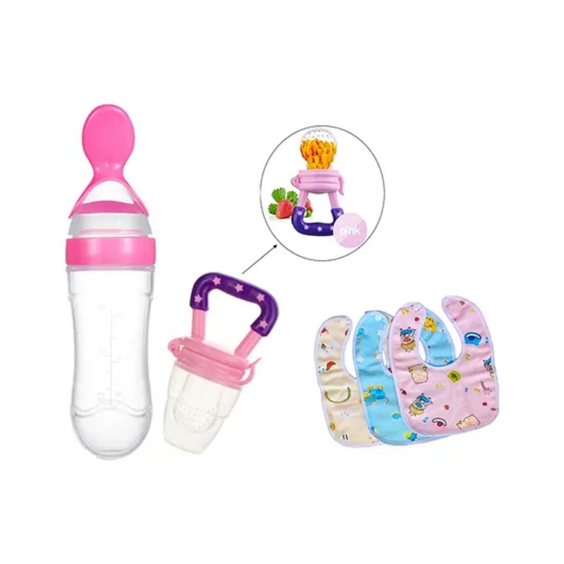 NeonateCare New Born Feeding Starter Kit with Spoon Feeder Fruit Feeder and 3 Cotton Bibs – ( pink spoon feeder, pink fruit feeder, 3 multicolor Bibs)