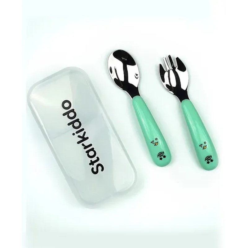 StarKiddo Little Chloris Premium Safe and Stylish Stainless Steel Spoon and Fork Set with Travel Case for Toddlers and Kids – Green