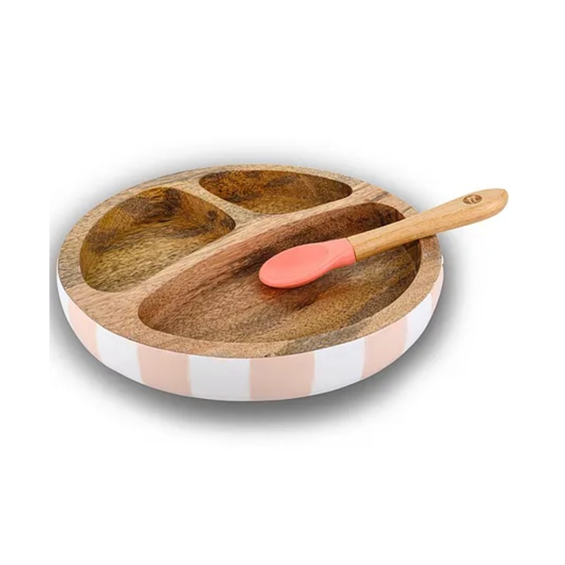 Taabartoli Wooden Round Plate with Silicone Suction and Spoon – Stripes