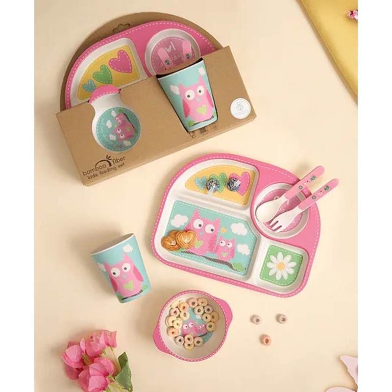 The Bamboo Co Observant Owl Bamboo Kids Dinner Set of 5- Pink