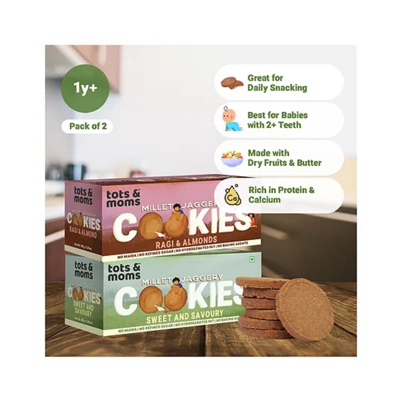 Tots & Moms Millet & Jaggery Cookies Ragi & Almonds Sweet & Savory – 150 g Each