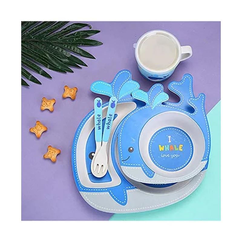 VELLIQUE Cartoon Animal Whale Bamboo Fiber Dinnerware Set of 5 – Multicolor