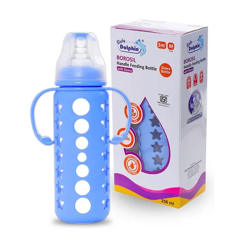 Baby Dolphin Anti-Colic Borosilicate Glass Handle Feeding Bottle with Sleeve, BPA Free, with Detachable Handle- 250ml, Blue
