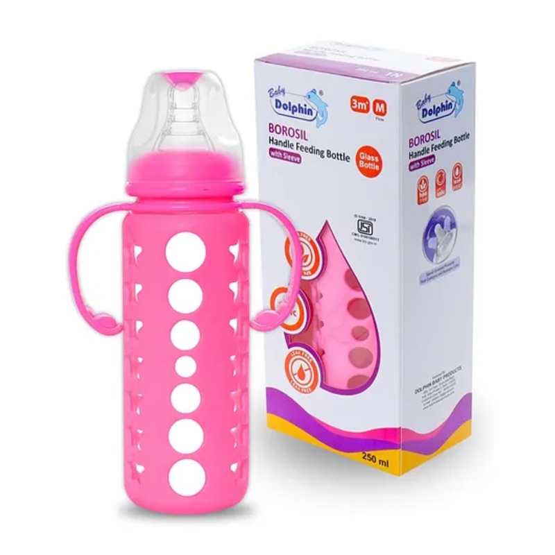 Baby Dolphin Anti-Colic Borosilicate Glass Handle Feeding Bottle with Sleeve, BPA Free, with Detachable Handle- 250ml, Pink